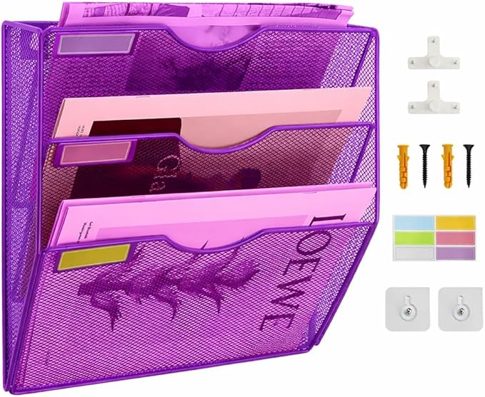 3 Pockets Mesh Wall File Holder Organizer Office Hanging File Folder Magazine Rack, Nametag Label Hooks Set Included (Purple)