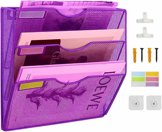 3 Pockets Mesh Wall File Holder Organizer Office Hanging File Folder Magazine Rack, Nametag Label Hooks Set Included (Purple)
