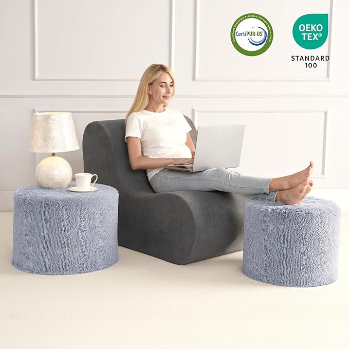 Hansleep Round Stuffed Pouf Ottoman 17 x 14, Foam Filled Faux Fur Ottoman Foot Rest for Chair with Washable Cover, Foot Stools Under Desk for Living Room & Bedroom, Grey