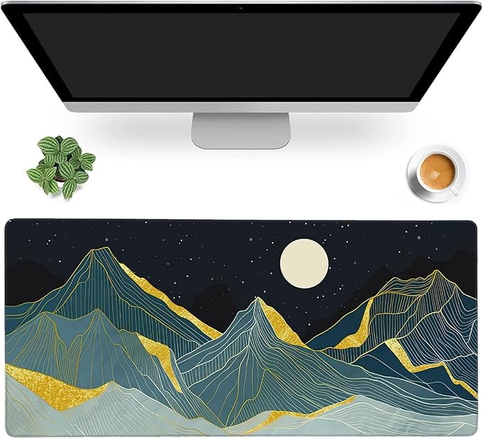 Golden Line Art Mountain at Night Large Mouse Pad Extended Gaming Mouse Pad Waterproof Desk Mat with Stitched Edge,Non Slip Base Keyboard Mouse pad for Home Office 35.4" X 15.7"