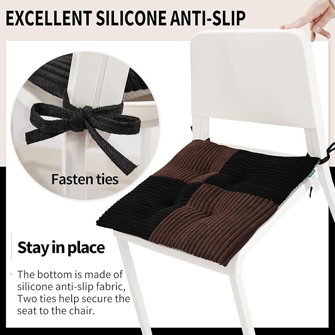 Office Stacking Chair Cushions 4 Pack, Corduroy High Density Foam Kitchen Seat Cushions with Ties, Square 17" x 17" Indoor Non-Slip Dining Chair Pads, Black+ Brown, 4pcs