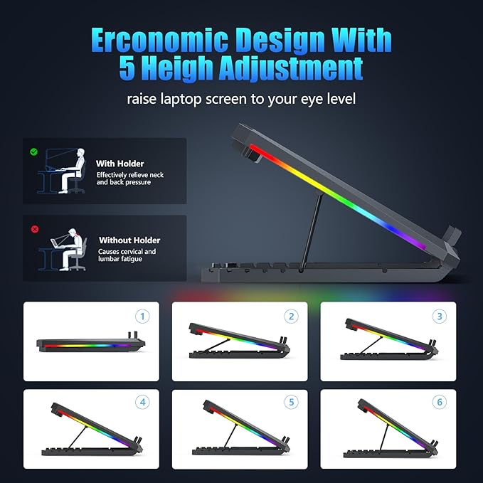 Laptop Cooling Pad with 12 Quiet Fans, Slim Portable for 12-17.3 Inch Laptop Cooler Stand, RGB Lighting, with 5 Height Adjustable, Gaming Cooling Fan Pad,Two USB Ports, Phone Holder (LCD)