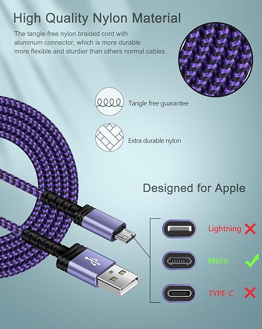 AILKIN Micro USB Charging Cable, 1 Pack 6FT Android Charger Cord Nylon Braided Fast Charging Cable Compatible Galaxy S6 S7 Edge,Kindle,Android & Windows Smartphones, PS4 and More-Purple