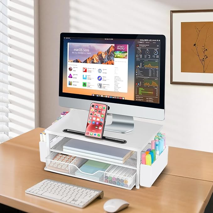 AUPSEN White Monitor Stand Riser, 2-Tier Wood Computer Desk Organizer with Drawer, Pen Storage & Phone Holder, Office Desk Accessories Desktop Organizer for Office Supplies