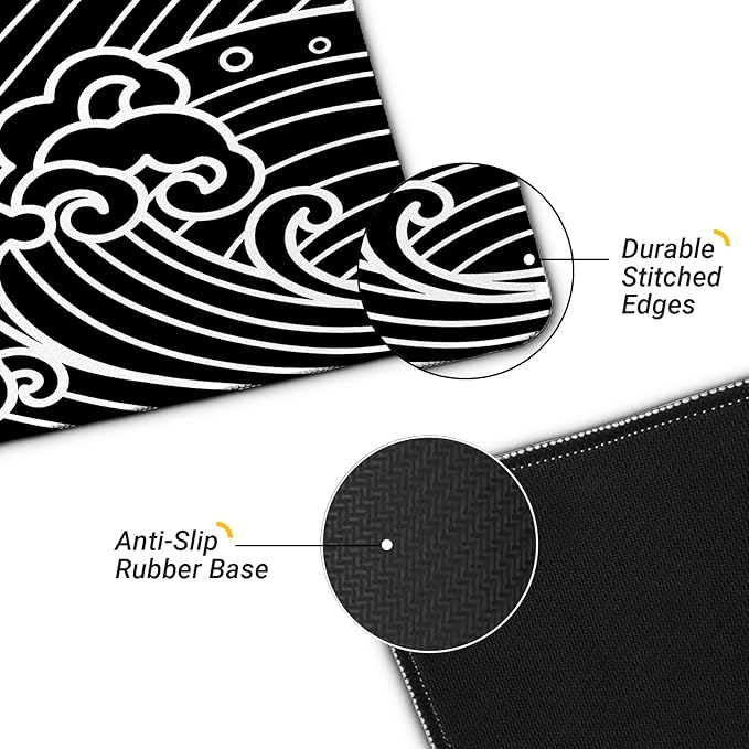 Gaming Mouse Pad with Anti-Slip Rubber Base, Extended Large Computer Mouse Mat with Stitched Edges, Long XL Anime Mousepad for Laptop and Keyboard, 31.5 x 11.8 inch (Black and White Wave)