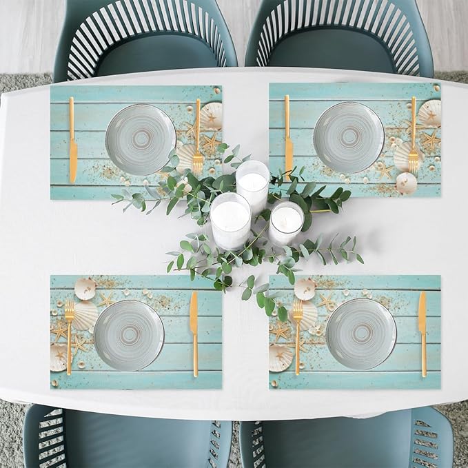 Placemats Set of 4 Heat-Resistant Rectangle Place Mats Beach Summer Teal Washable Plastic PVC Dining Table Mat Non-Slip Wipeable Woven Vinyl Placemat for Kitchen Patio Table Decor