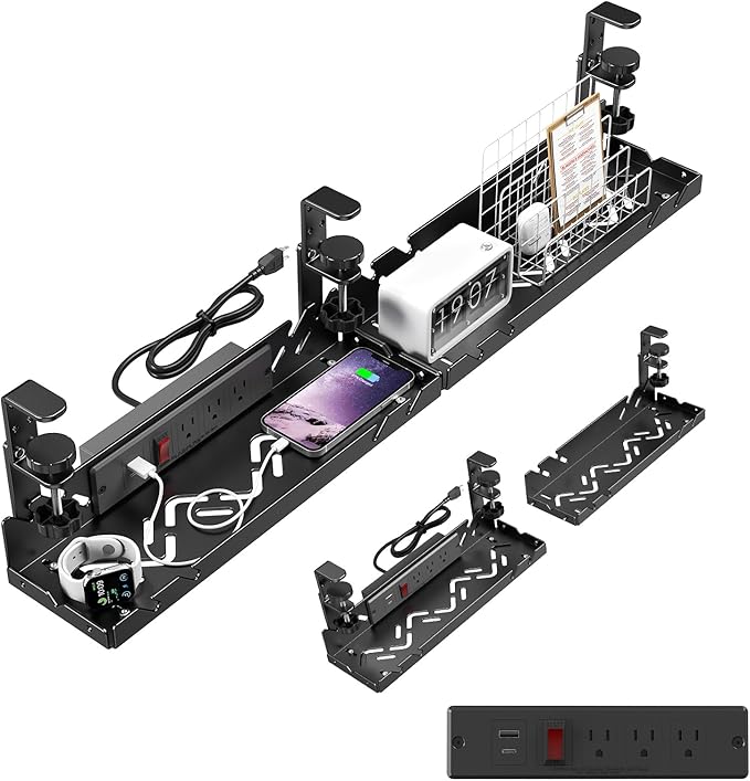 Extended Metal Under Desk Cable Management Tray with Power Outlet, No-Drill Wire Organizer with Clamp, Cord Storage Raceway for Desk Cable Management for Office Home (Black)