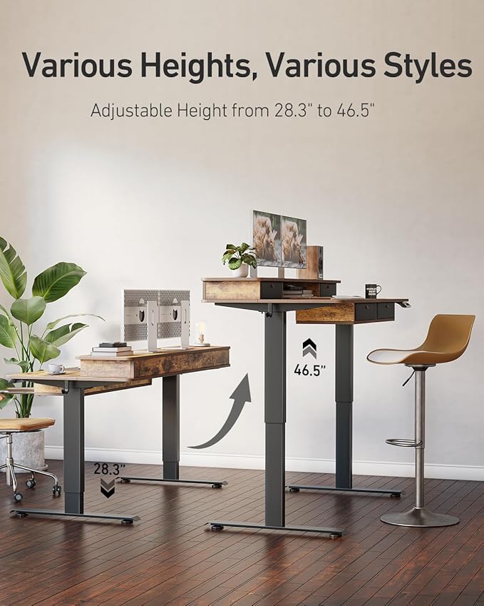 FEZIBO 48 x 24 inch Standing Desk with Drawers, Height Adjustable Electric Workstation, Computer Sit Stand Up Table with Large Storage Shelf 4 Drawers and 2 Hooks, Rustic Brown