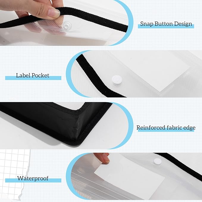 AmazingSpark 3 Pcs 11 x 17 Inch Expandable Tabloid Size Document Folder Organizers with Snap Closure & Label, Clear Plastic Expanding File Folder for A3 Ledger Size Plots Charts (Black)