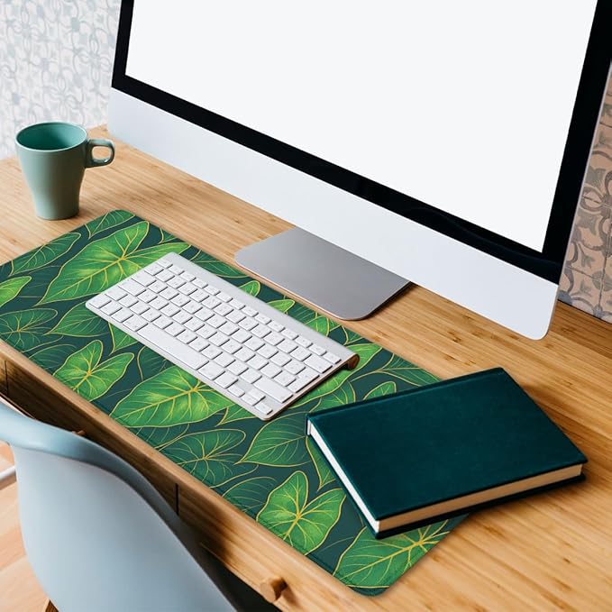 Botanical Leaves Desk Pad Mouse Pad Modern Tropical Green Large Gaming Mouse Mat with Stitched Edges,Non-Slip Waterproof Rubber Base Mous Mat 31.5"x11.8"