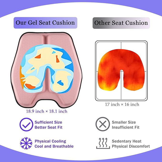 Soft Thin Gel Seat Cushion for Car Seat, Office Chair, Wheelchair, Stadium - Non-Slip Car Seat Cushions with 1 Inch Gel - Sciatica & Tailbone Pain Relief (Pink)