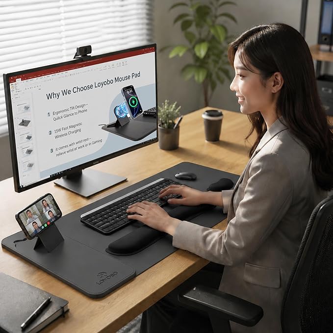 15W Magnetic Wireless Charging Desk Pad with Ergonomic Tilt Phone Stand, 35×15in XXL Foldable PU Leather Mouse Pad with Keyboard & Mouse Memory Foam Wrist Rest for Gaming Office Home Minimalist Desk
