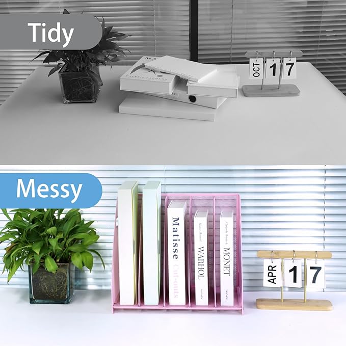 Desk Organizers Metal Magazine File Holder Racks Desktop Folder Storage Binder Organiser Document Organization for Home Office & Classroom,5 Vertical Compartments-Pink