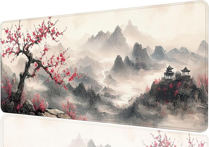 Ink Painting Large Mouse Pad Plum Bossom Mountain Mousepad XL Large Gaming Mouse Pad Laptop Keyboard Mat Desk Pad Fits Home Desk, Office Table, or Study Room 31.5x11.8 Inch
