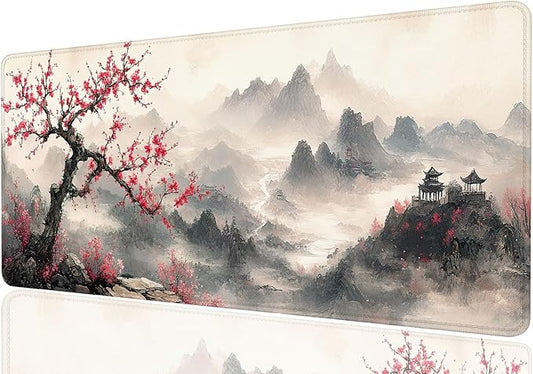 Ink Painting Large Mouse Pad Plum Bossom Mountain Mousepad XL Large Gaming Mouse Pad Laptop Keyboard Mat Desk Pad Fits Home Desk, Office Table, or Study Room 31.5x11.8 Inch