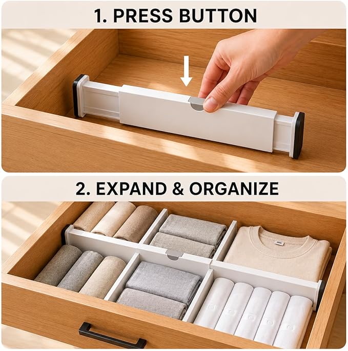 Adjustable Drawer Dividers – Expandable 14.7–21” Drawer Organizer with Non-Slip Ends, Easy Install for Kitchen, Dresser & Closet Storage (“White”)