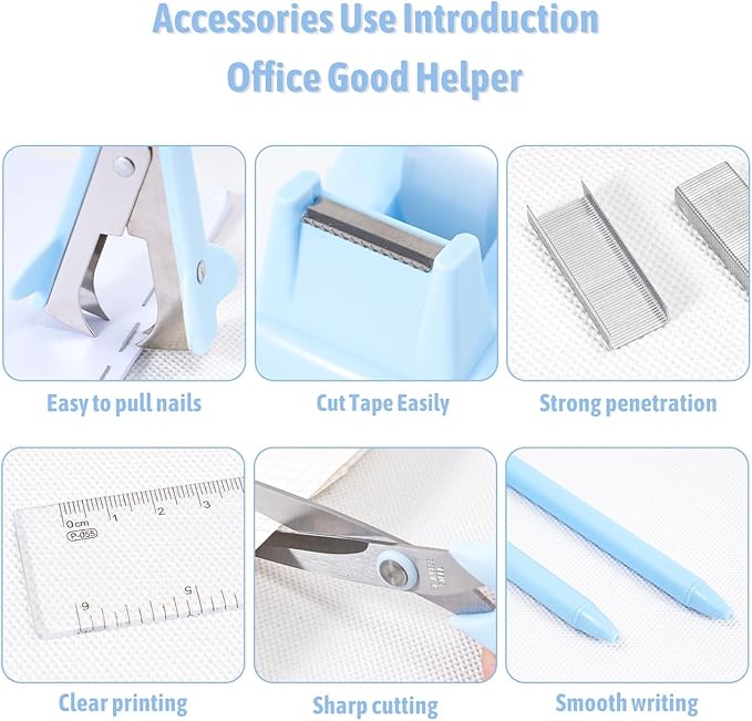 Blue Desk Accessories 12Pcs Set, Cute Office Supplies Decor for Women, 360° Rotating Pen Holder Organizer with Stapler, Tape Dispenser, Staple Remover, Staples, Tape, Clips Set, Ruler, Scissor, Pen