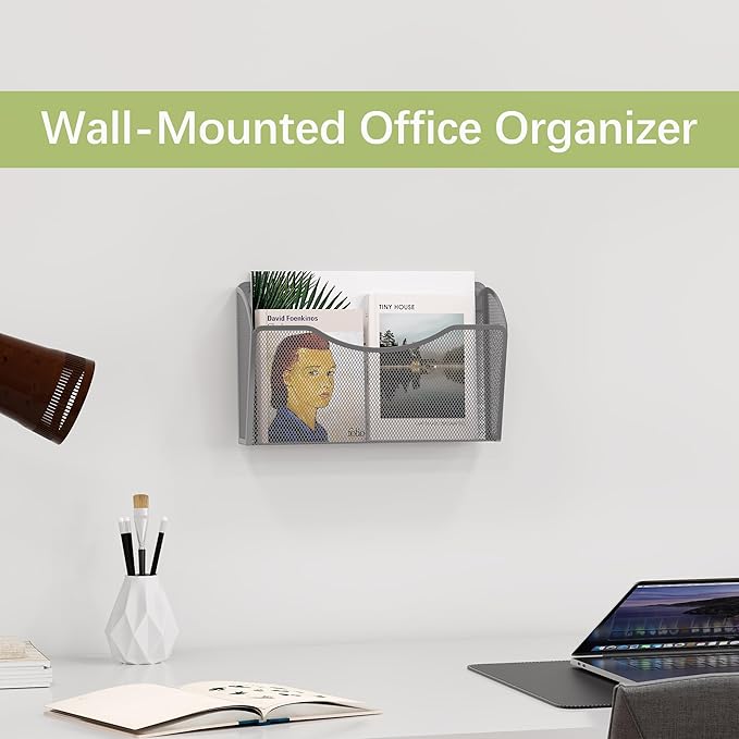 EasyPAG Wall File Organizer, Metal Mesh Hanging File Folder Holder for Letter/A4 Size Folders, Vertical Wall Mount Mail Sorter for Office Paperwork, Classroom, Silver