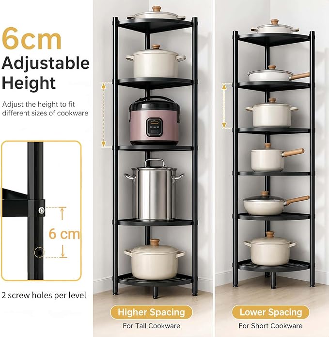 6-Tier Kitchen Corner Shelf Triangular Corner Pot Rack Storage Shelf Multi-tier,Carbon Steel Cookware Stand Home Storage Organizer Holder for Pans Pots and Kettles
