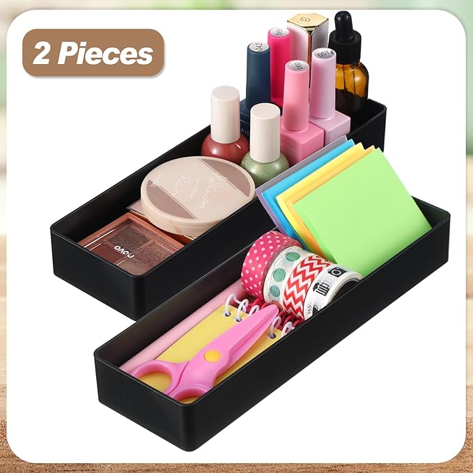 Teling 2 Pcs Black Large Rectangular Desk Organizer Set, Half Accessory Tray, Plastic Tabletop Organizer for Office, Home, or Study, Dimensions: 9.45 x 2.95 x 1.38 Inches