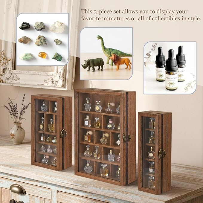 Ikee Design 3 Pcs Set Wall-Mounted Wooden Shadow Cubby Box Display Shelf with 24 Compartments with Door Storage Display Case for Collectibles, Trinkets, Mini Figures, Brown Color