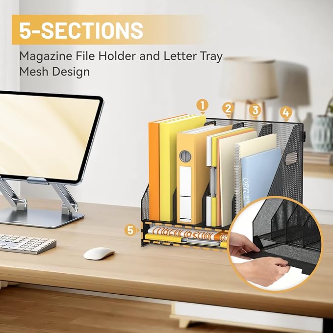DALTACK Magazine File Holder, 4 Vertical Compartments Rack Binder Organizer with Paper Tray, Metal Magazine Organizer for Office, Home, School (Black)