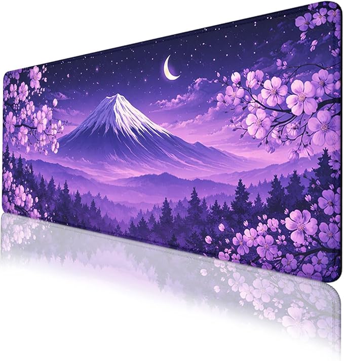 Cherry Blossoms Mouse Pad Mount Fuji Purple Sky Extended Mousepad Waterproof Stitched Edges Rubber Base Non-Slip Deskmap Computer Keyboard Mat 31.5x11.8 Inch