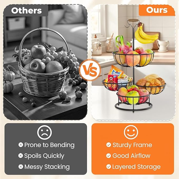 PouHenier.jh 4 Tier Fruit Bowl Basket with Banana Hangers, Kitchen Counter Metal Round Produce Holder, Stable Vegetable Countertop Stand Organizer, Corner Multi Tiered Storage Rack, Sturdy Base, Black