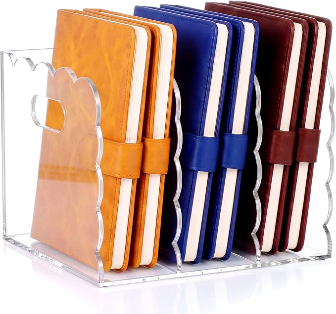 Suzile Scalloped Acrylic Magazine File Holder with Handle, 3-compartment Clear Desk Organizer Vertical Bookends Organization for Office, Binders, Documents, Magazines, Books(8.46 x 7.28 x 6.5 Inches)