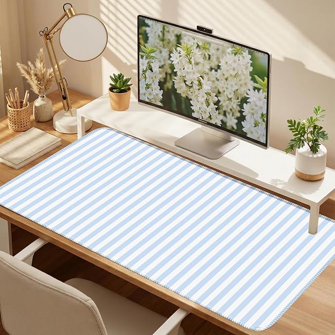 Blue Striped Desk Mat Cute Pastel XXL Large Gaming Mouse Pad Desk Pad Kawaii Aesthetic Home Office Decor Cozy Keyboard Laptop Computer Mat