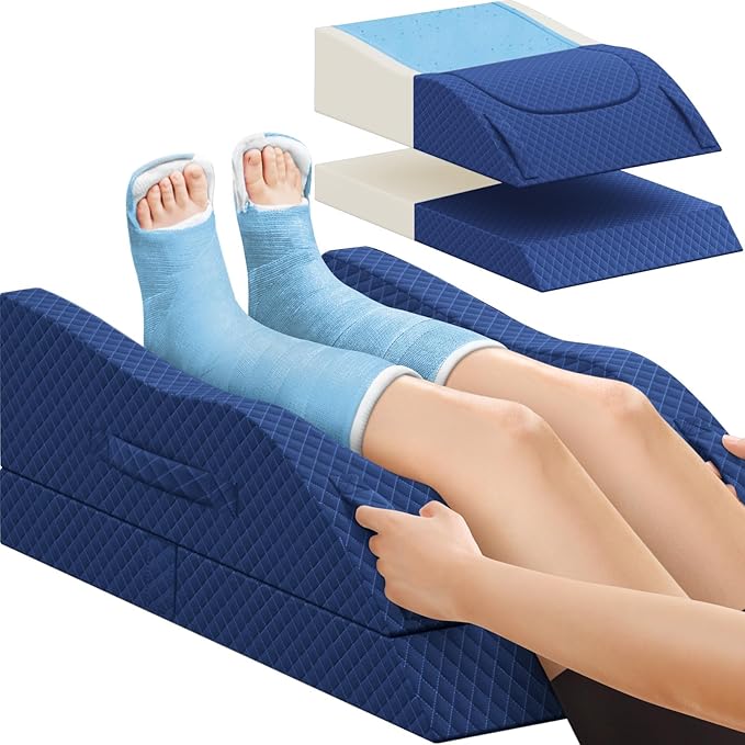 CushZone Leg Pillow, Leg Elevation Pillow with Pad and Memory Foam, Height Adjustable Bolster Pillow for Legs, Leg Pillow Elevation Blood Circulation, for Post-Surgery, Blue