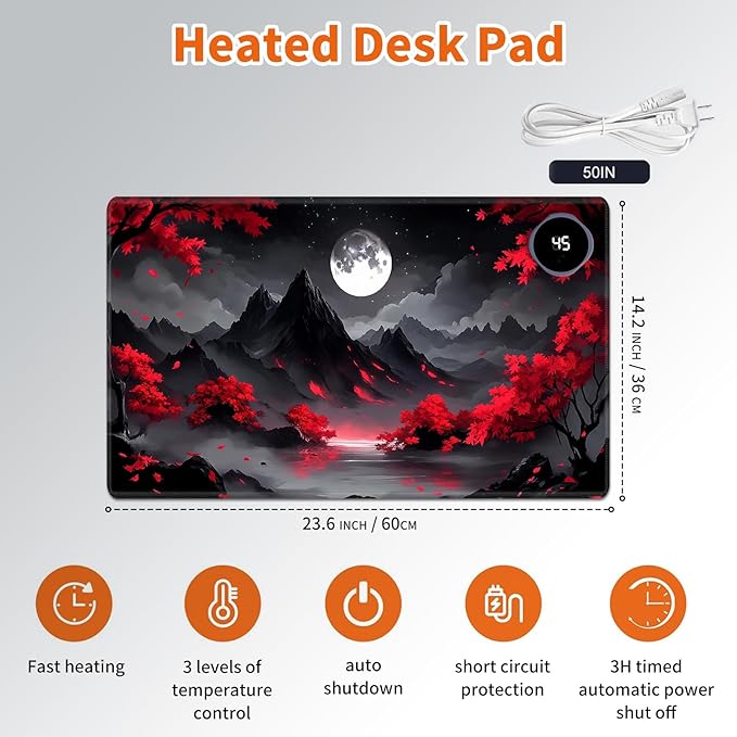 Heated Mouse Pad,Warm Desk Pad with 3 Levels Heating & 3 Hours Auto Shut-Off, PU Leather Heated Desk Pad Warmer Pad for Home Office - 23.6 x 14.2 inch,Red Tree Moon