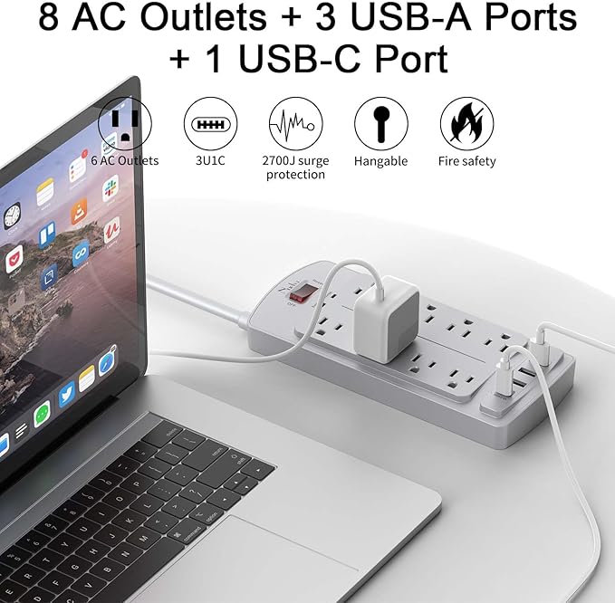 Surge Protector Power Strip - Nuetsa Flat Plug Extension Cord with 8 Outlets and 4 USB Ports, 6 Feet Power Cord, 2700 Joules, ETL Listed, Grey