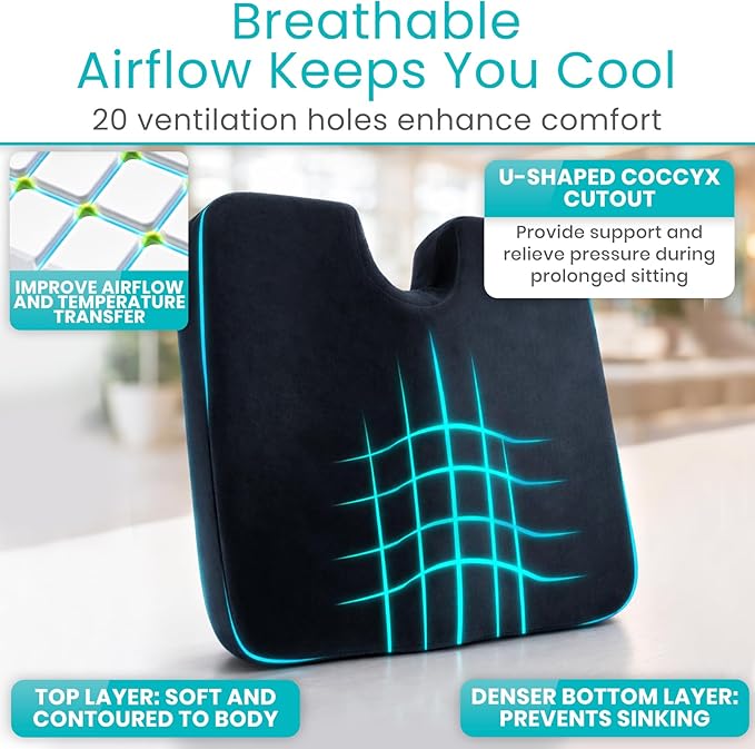 Vive Memory Foam Seat Cushion – Tailbone Pain Relief, Sciatica, Coccyx & Back Support for Office Chair, Car Seat, Wheelchair & Airplane, Water-Resistant Cover, 2-Layer Foam Comfort, Wheelchair (Black)