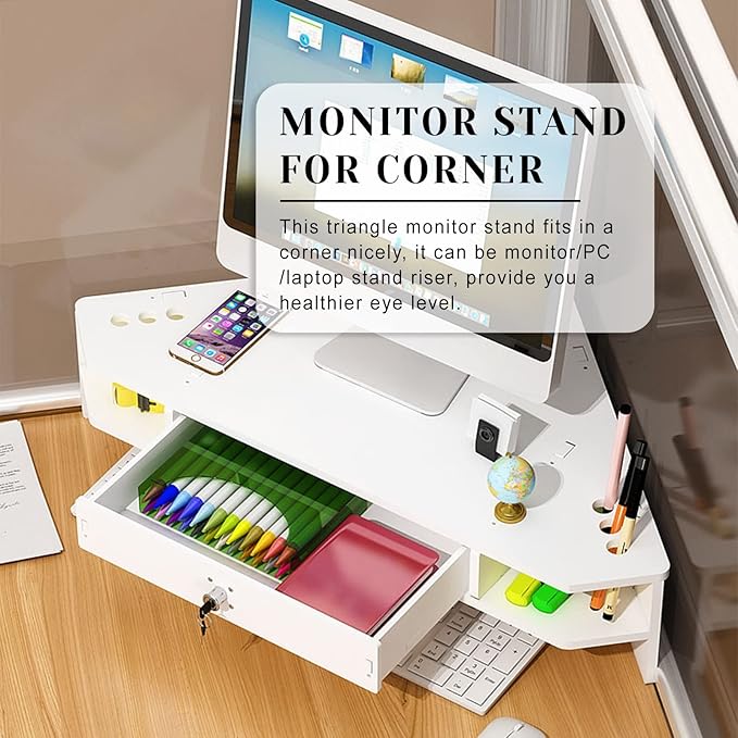 ROYUMI White Corner Monitor Riser with Drawer, Triangle Screen Stand with Lock, Ergonomic Computer Monitor Stand, Triangle Storage Desk Stand
