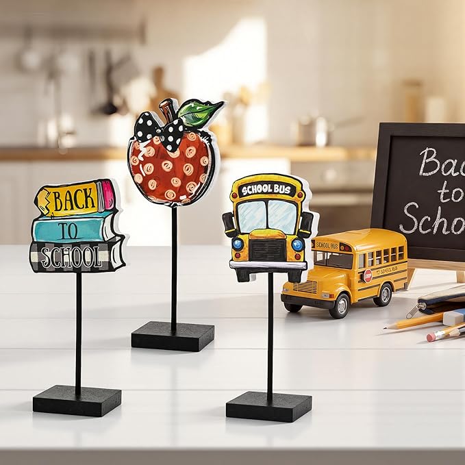Smile Back to School Wooden Desktop Decor School Bus, Apple & Book Stack Table Signs - Classroom & Home Shelf Accents Gifts for Kids, Teachers