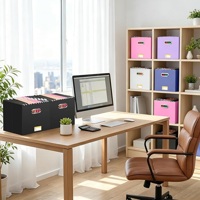 BALEINE File Organizer Box, Cardboard File Folder Organizer with Handle for Letter Size, Portable Collapsible Hanging Filing Box for Home Office Document Storage (4 Pack, Large Black)