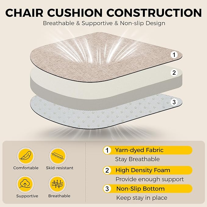 downluxe Indoor Chair Cushions for Dining Chairs,Kitchen Chair Pads with Ties and Non-Slip Backing, 16" x 16" x 2", Oatmeal Beige, 6 Pack