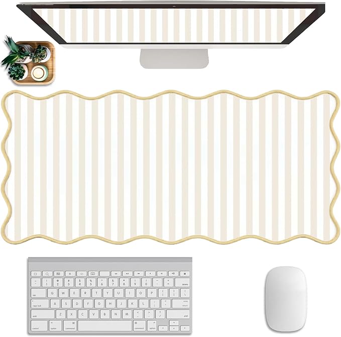 Scalloped Desk Mat Extended Large Cute Striped Mouse Pad Big Desk Pad XXL Aesthetic Stripe Mousepad Gaming Mouse Pad for Keyboard Computer Laptop Home Office Accessories 35.4X15.7Inches Beige