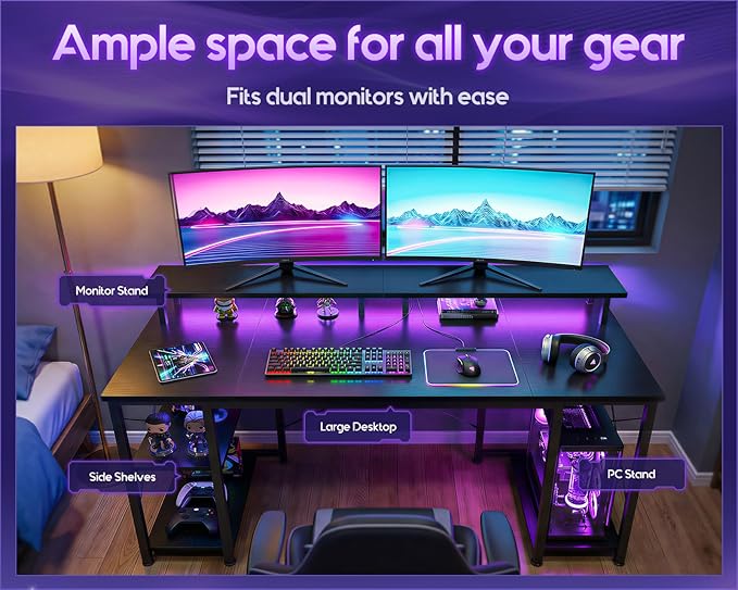 ODK 55 inch Gaming Desk with LED Lights & Power Outlets, Computer Desk with Monitor Stand & Storage Shelves, CPU Stand, Home Office Desk, Black