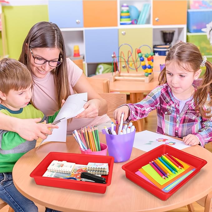 ShineMe 6 Pack Paper Trays for Classroom, Red Plastic Book Bins with Colorful Labels, Stackable Letter Size Storage Tray, Desk Organizer Tray for Home, School and Office