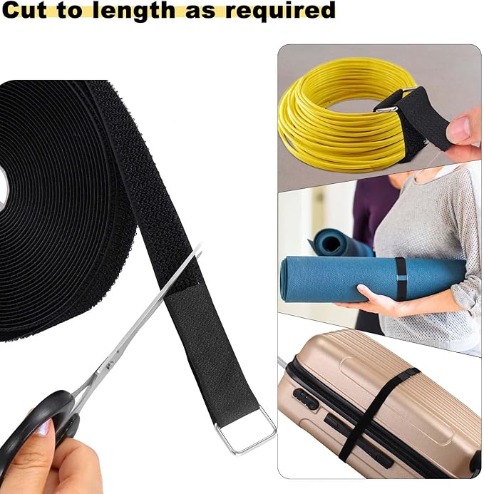 YMCRLUX 1"x64ft Hook and Loop Straps with 70 Metal Buckles, Adjustable Fastening Cable Straps, Cut-to-Length Cinch Strap, Reusable Nylon Securing Cord Ties for Organizer or Storage, 1 inch Wide, Black