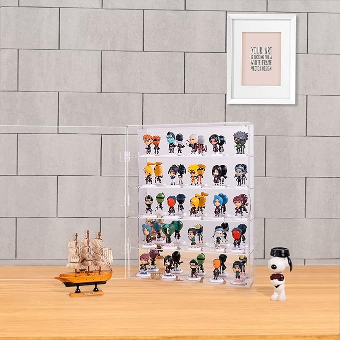 AITEE Acrylic Display Case with Mirrored Back, Display Cabinet for Mini Funko Pop Figures, Dust-Proof Clear Wall Mounted or Desktop 5 Tiers Storage Organizer, for Mini Toys, Rock Stone and Figures