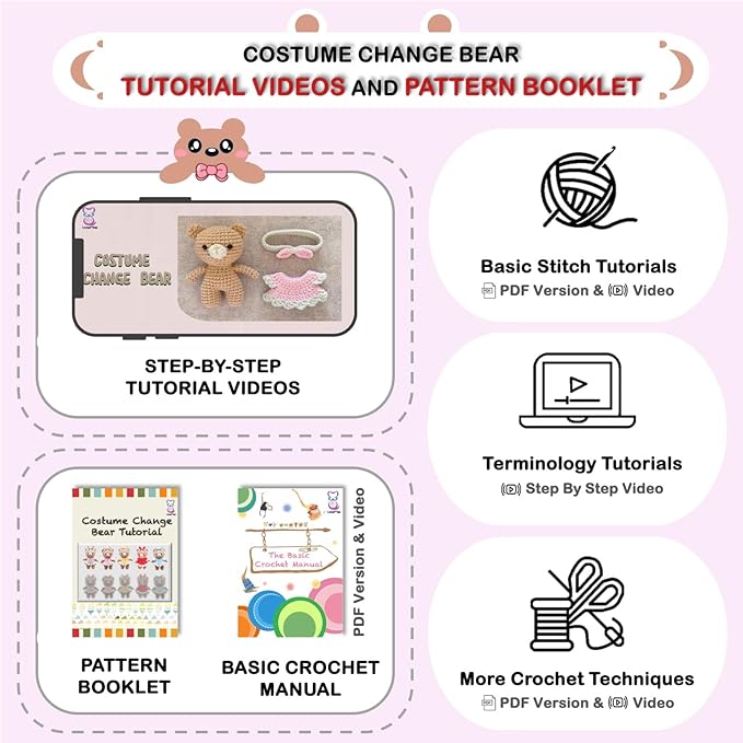 LoopMap Amigurumi Crochet Kit for Beginners with Removable Dress & Video Tutorials, DIY Bear Making Kit Includes Premium Yarn & Tools, Creative Gift for Adults Teens (Pink)