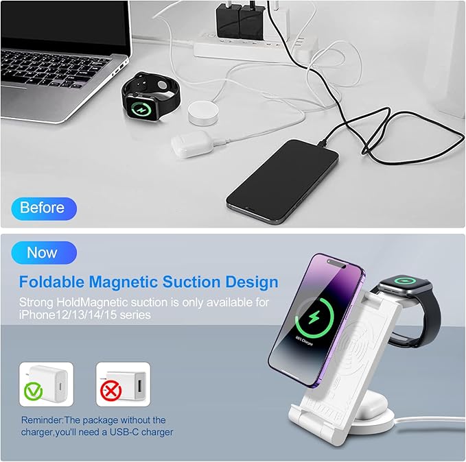 2024 Upgrated Wireless Charger: 3 in 1 Charger Stand Multiple Devices for Apple - iPhone 16 15 14 Pro Max 13 12 11 - Watch 10 9 8 7 6 5 4 3 2 SE and Ultra Series - Airpods 4 3 2 Pro