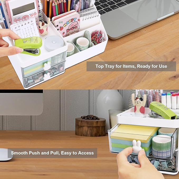 Meiikun Desk Organizer, Makeup Organizer with 2 Drawer, 7 Compartment & a Top Tray, Desktop Organizers and Storage for Women, Cute Home organization Bathroom, 11" x 5.7" x 4.7" (White)