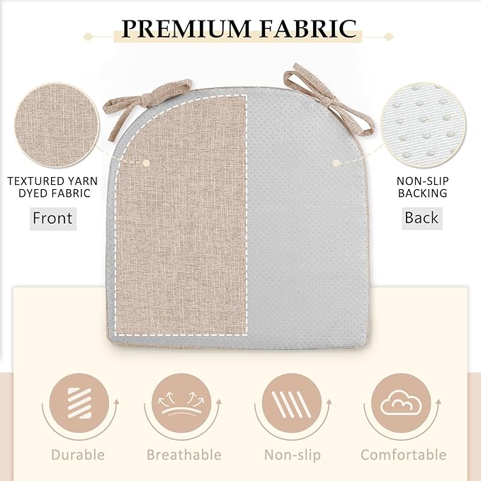 Wellsin Chair Cushions for Dining Chairs 4 Pack - Kitchen Chair Cushions with Ties and Non-Slip Backing - Dining Chair Pads 16"X16"X2", Oatmeal Beige
