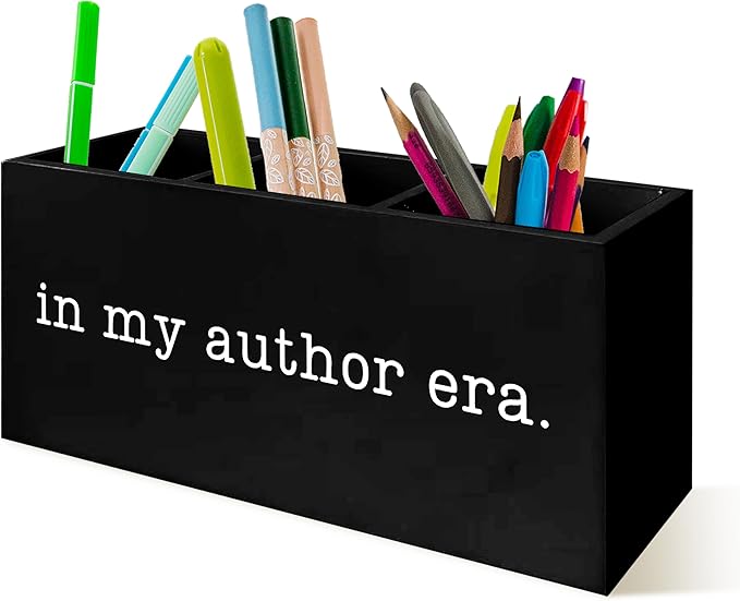 Author Writer Gifts Pen Pencil Holder Organizer for Desk, Gifts for Writers and Authors, In My Author Era Wooden Box Block Sign for Home Office Tabletop Decor, Study Room Library Decor