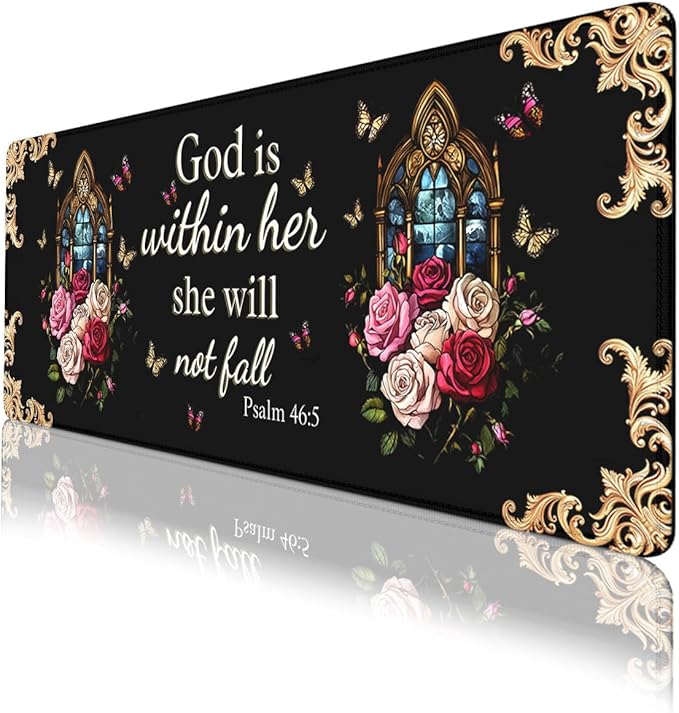Christian Gaming Mouse Pad Bible Verse Psalm Floral Faith Extended Gaming Mouse Pad Mat with Stitched Edge Non-Slip Base Big Mousepad 31.5"x11.8"