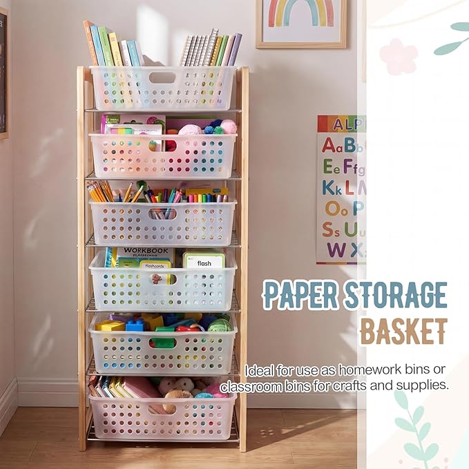 Geetery 6 Pack Classroom Storage Baskets with Handle 14''x10'' Paper Tray Holds A4 Turn in Trays Plastic Paper Baskets Desk Organizer Bin for Classroom, Library, Office, Home (Clear)